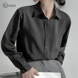Simple Lapel Pocket Shirt Loose Casual Long Sleeve Kemeja Cantik Perempuan Baju Wanita Lengan Panjang
